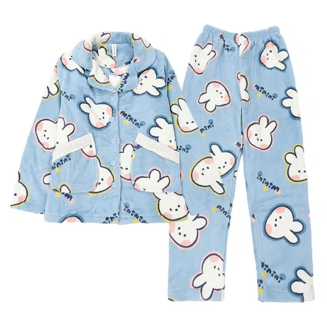 芬腾 卡通可爱法兰绒翻领甜美睡衣 加绒加厚休闲长袖长裤 家居套装 女士 浅兰/粉色