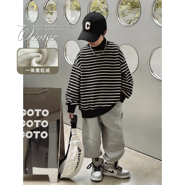 熊猫圆圆 童装 男童加绒卫衣时尚条纹加厚圆领中大童一体绒上衣