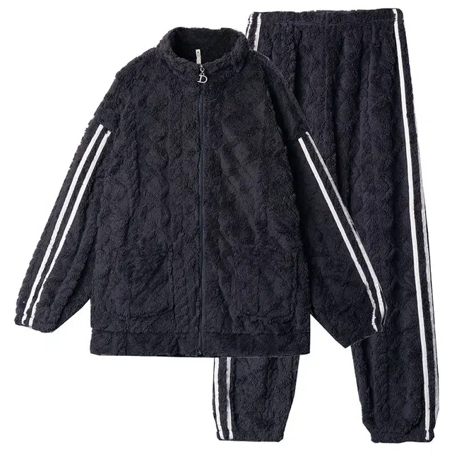 多拉美 冬季珊瑚绒睡衣  加绒加厚保暖拉链中青年法兰绒外穿家居套装长袖长裤 男款 青灰