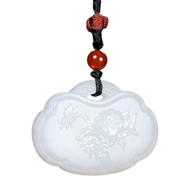 舒杰 花开富贵平安锁新中式复古手工雕刻 和田玉 项链 男女同款情侣款 白玉