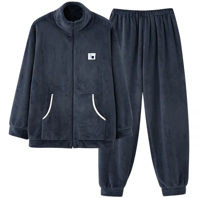 帕兰朵 秋冬款休闲长袖加厚加绒睡衣可爱纯色简约拉链款法兰绒男女冬季 家居服套装  情侣款  深蓝色浅蓝色