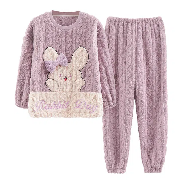 橡柠派 冬季双面绒圆领可爱兔兔两件套加绒超保暖长袖长裤家居服套装  女款 香芋紫