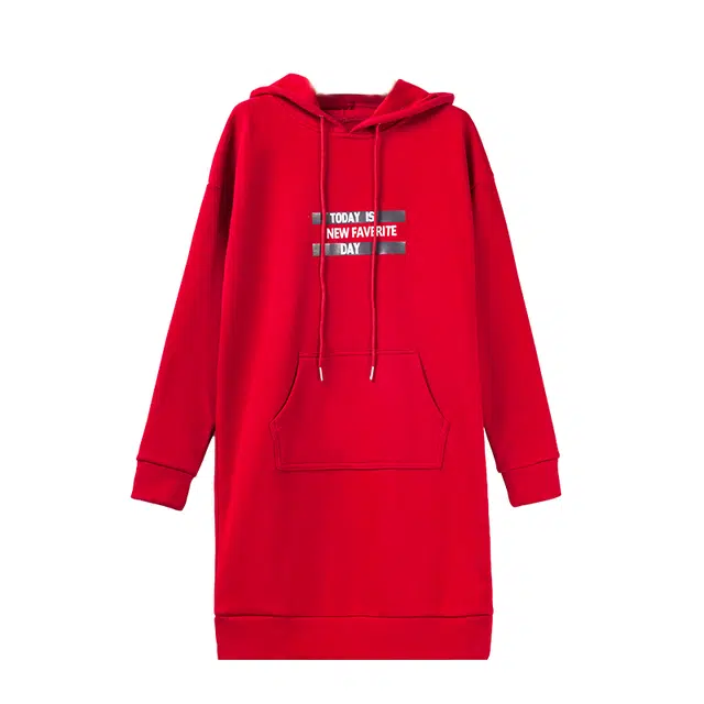 晚白 连帽纯色简约长袖连衣裙 女款 酒红色