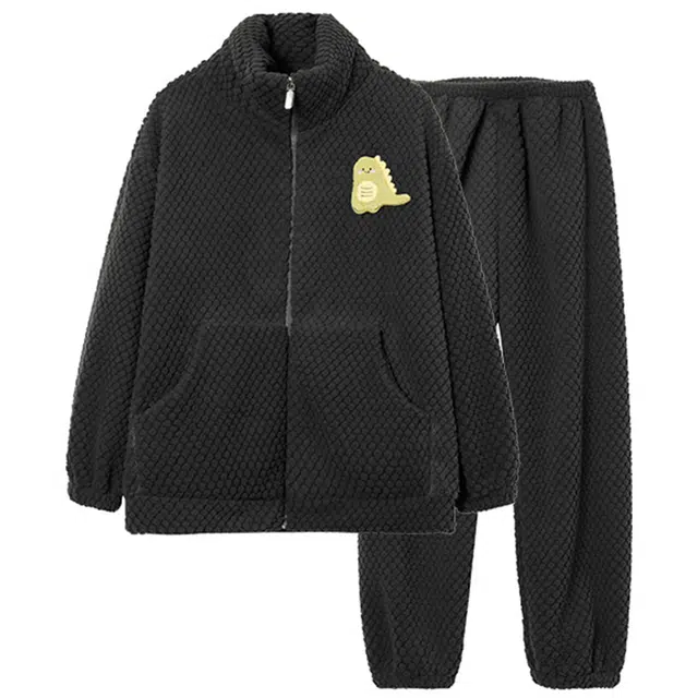 帕兰朵 可爱卡通睡衣情侣玫瑰绒保暖高领拉链款长袖秋冬季长袖男士女士法兰绒睡衣 家居服套装  男女款  深灰色