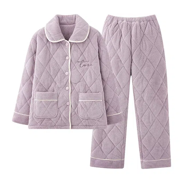 橡柠派 冬季三层夹棉翻领菱格两件套加绒超厚超保暖长袖长裤家居服套装  女款 香芋紫