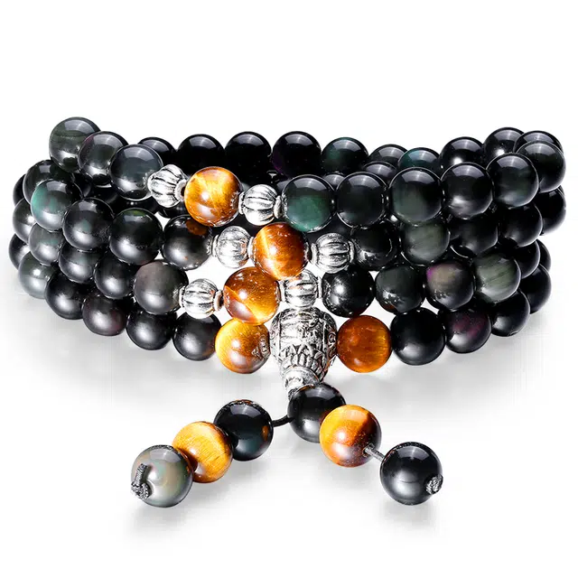 妍韵珠宝 彩虹眼配虎眼石 黑曜石 手串 男女同款情侣款