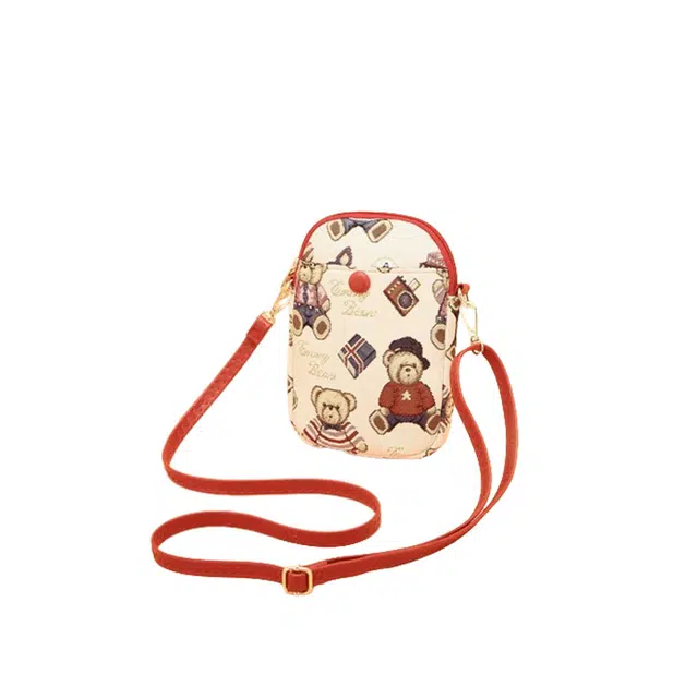 小熊依恋 可爱手机包女单肩斜挎包韩版迷你高级感背包多色小包包 提花布