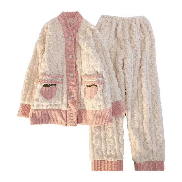 橡柠派 秋冬款简约甜美可爱粉嫩水蜜桃家居服睡衣长袖长裤 家居套装 女款