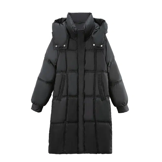苏醒的乐园 保暖通勤连帽宽松纯色长款加厚羽绒服 女款 黑色