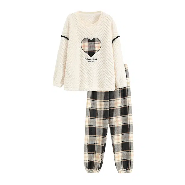 橡柠派 冬季居家保暖睡衣情侣款棋盘格时尚小熊套装加绒加厚长袖长裤家居套装 男女同款 格子白