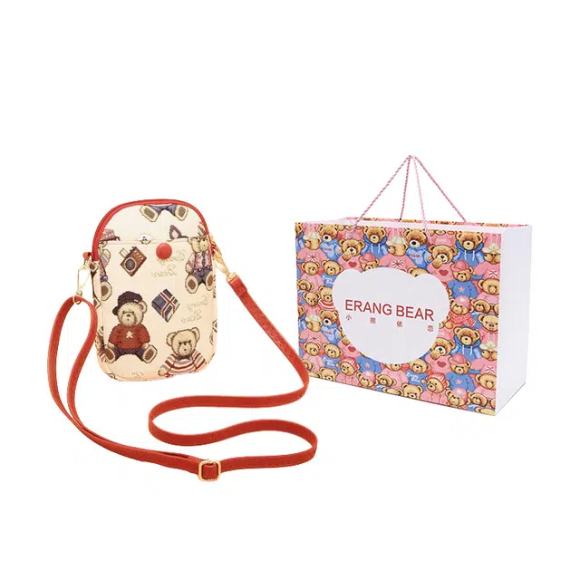 小熊依恋 可爱手机包女单肩斜挎包韩版迷你高级感背包多色小包包 提花布