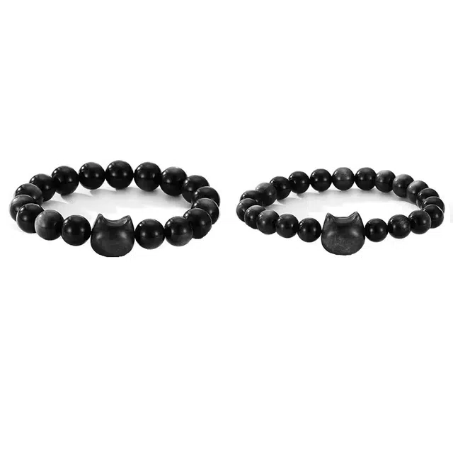 奥斯坦汀 猫咪纪念日银色手环礼盒表白精灵转运珠情人新中式一对礼盒手饰品 黑曜石 玉石手串 男女同款情侣款