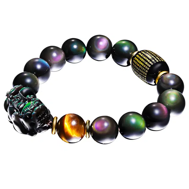 妍韵珠宝 心经彩虹眼貔貅 黑曜石 玉石手串 男女同款情侣款