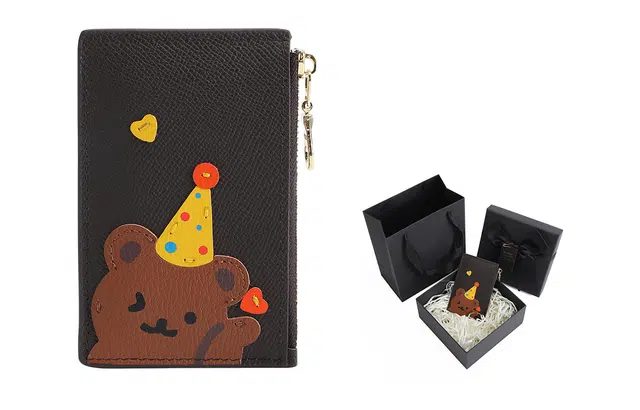 奢护匠心坊 可爱小熊卡包 头层牛皮 钱包一体大容量多卡位真皮轻薄证件收纳包带 男女同款情侣款 棕色