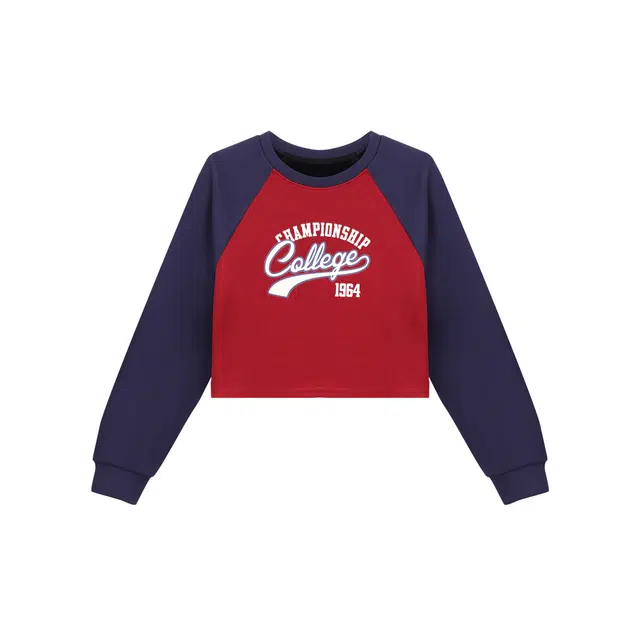 麓蔓蒂 拼色字母印花插肩袖短款圆领加绒卫衣 女款