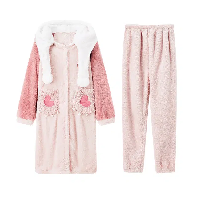 眠趣 家居服家居套装 可爱保暖加绒加厚时尚柔软情侣款 男士睡衣学生男士舒适时尚可爱睡衣 女款睡衣连帽睡袍睡裙配裤子