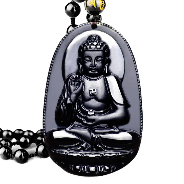 妍韵珠宝 阿弥陀佛菩萨 属猪狗十二生肖守护神平安护身符挂件 黑曜石 吊坠 男女同款情侣款