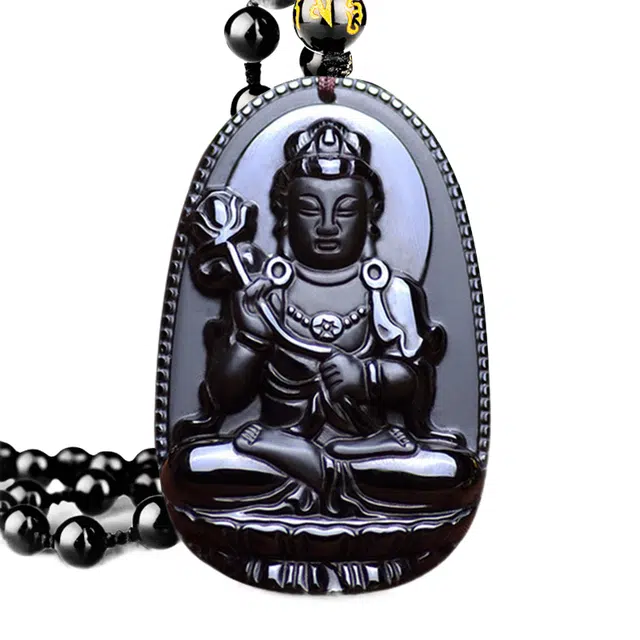 妍韵珠宝 大势至菩萨 属马十二生肖守护神平安护身符挂件 黑曜石 吊坠 男女同款情侣款