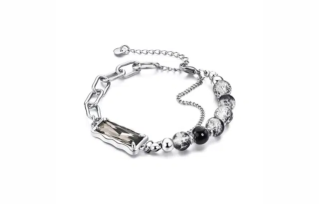 牧言 中性风潮酷简约小众设计高级感 冰裂亮面圆珠双层不规则拼接镂空链条百搭手饰 合金 手链 男女同款情侣款