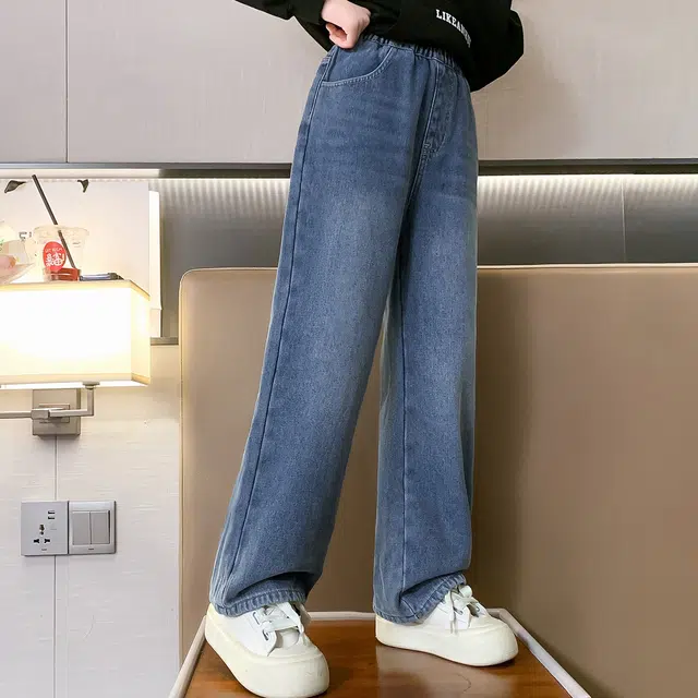 唐狮童装 纯色加绒松紧腰宽松直筒休闲牛仔裤 儿童款 藏青色