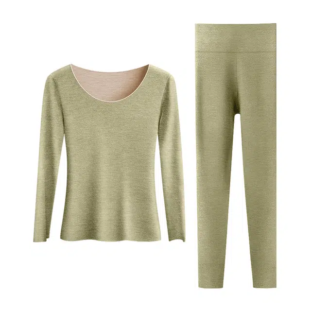 美雅挺 纯色圆领德绒加厚套头长袖上衣松紧腰修身长裤保暖套装 女款