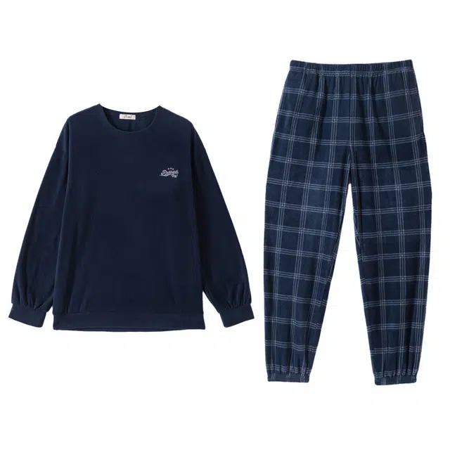 顶瓜瓜 秋冬季休闲时尚蓄热细腻摇粒绒圆领卫衣套装家居套装 男款 暗夜蓝