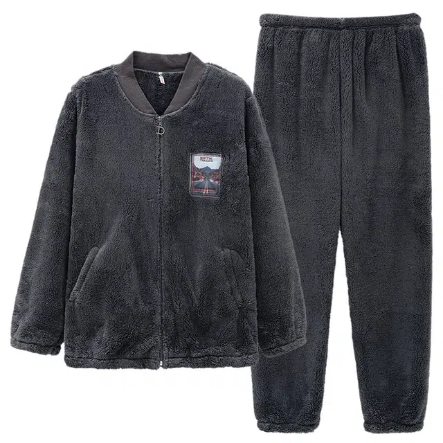 多拉美 冬季珊瑚绒睡衣 加厚加绒法兰绒男士家居服冬可外穿家居套装长袖长裤 男款 深灰蓝