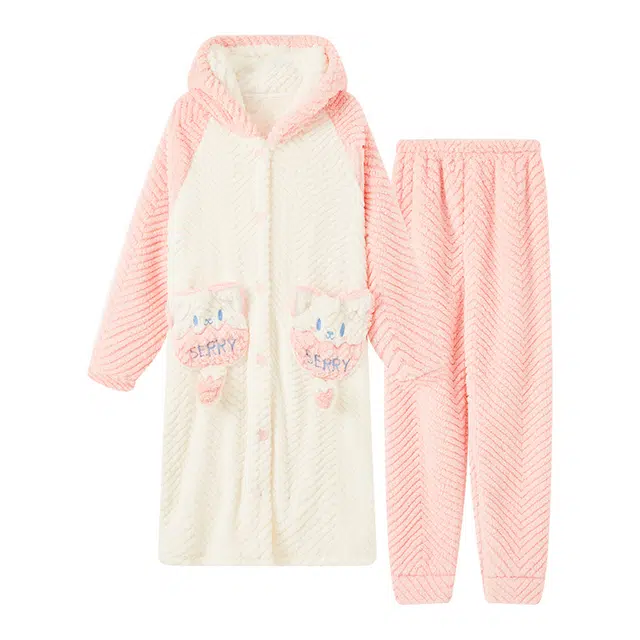 橡柠派 冬季长款珊瑚绒可爱小狐狸睡衣连帽开衫加绒加厚卡通休闲保暖高级长袖长裤家居服套装  女款  少女粉