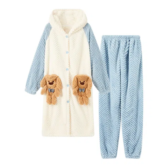 橡柠派 冬季长款睡衣可爱公仔小熊珊瑚绒连帽开衫加绒加厚卡通休闲保暖高级长袖长裤家居服套装  女款  象牙白