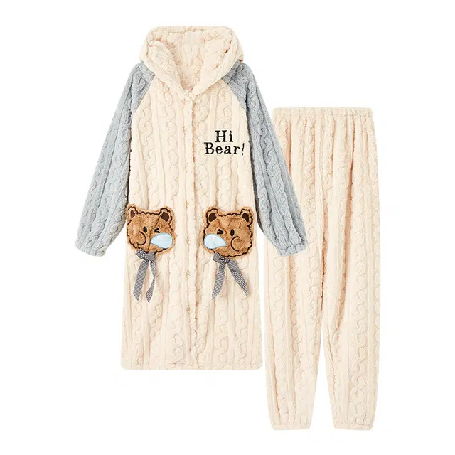 橡柠派 冬季长款珊瑚绒睡衣连帽开衫加绒加厚可爱鼻涕熊少女保暖高级长袖长裤家居服套装  女款 象牙白