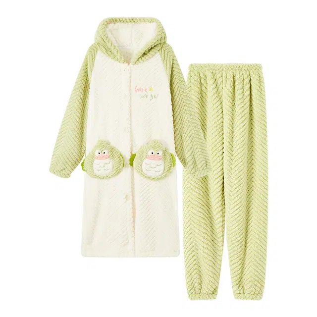 橡柠派 冬季长款珊瑚绒睡衣连帽开衫加绒加厚卡通休闲可爱大嘴鸟保暖高级长袖长裤家居服套装  女款 清新绿
