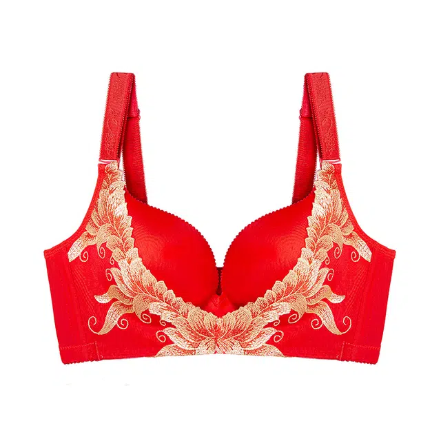 浪莎 本命年大红色花卉小胸聚拢无钢圈文胸三角内裤内衣裤套装 女款 金皇妃