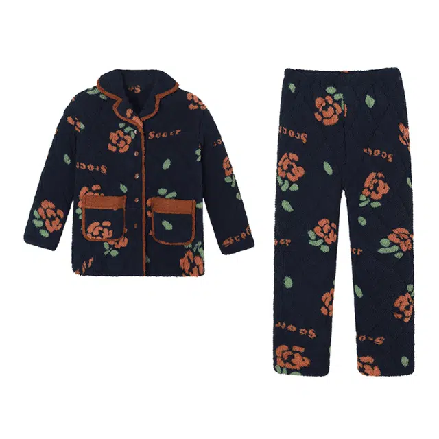 可人儿 珊瑚绒三层夹棉睡衣睡裤 加绒加厚保暖 满印可外穿家居套装 秋冬季女款黑色