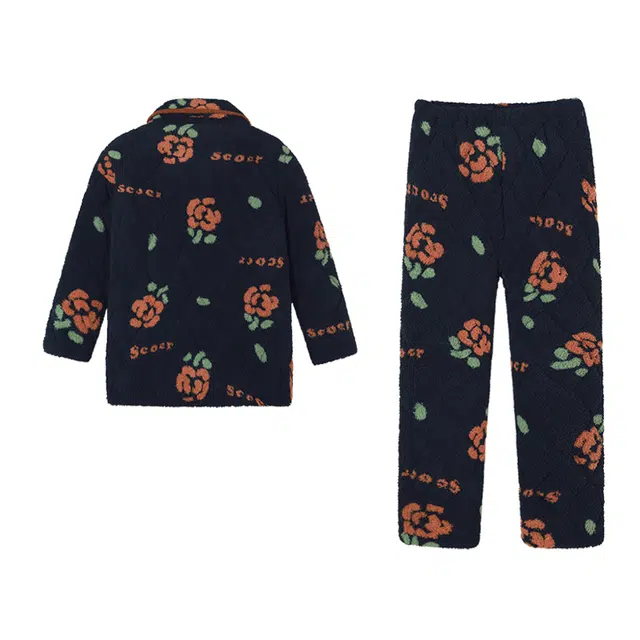 可人儿 珊瑚绒三层夹棉睡衣睡裤 加绒加厚保暖 满印可外穿家居套装 秋冬季女款黑色