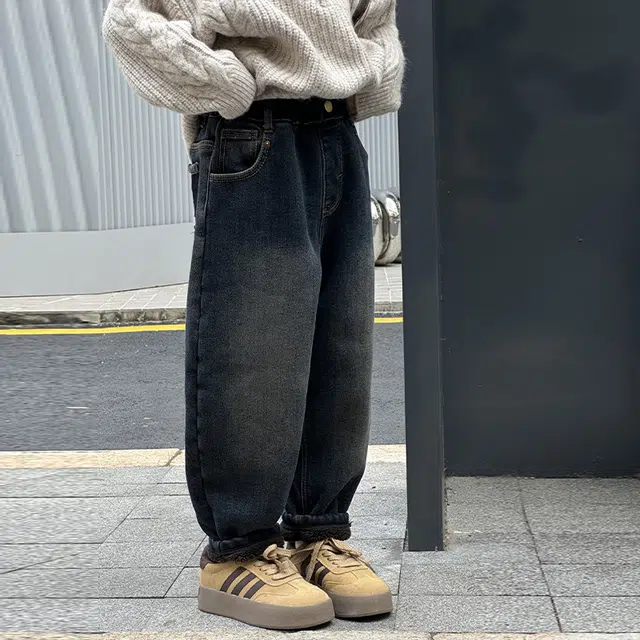 熊猫圆圆 童装 男童女童加厚羊羔毛牛仔裤中大童冬季新款时尚潮裤休闲长裤
