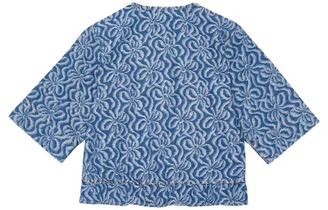 GANNI Acquard Denim Flounce Tie Blouse V