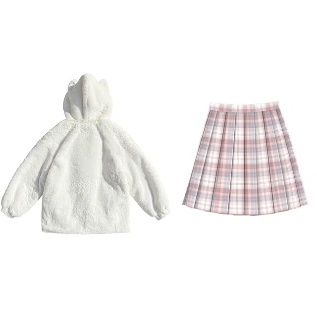 兔半眠 学院风纯色连帽落肩拉链绒感外套格纹半身裙制服 女款