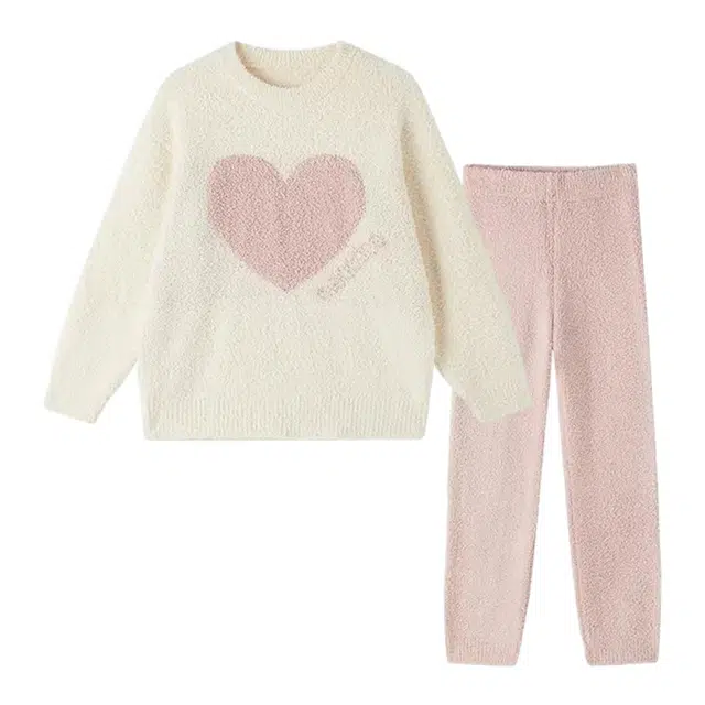 橡柠派 冬季半边绒软乎乎爱心甜美可爱加绒睡衣加厚超保暖长袖长裤睡衣 家居套装  女款 蜜桃粉