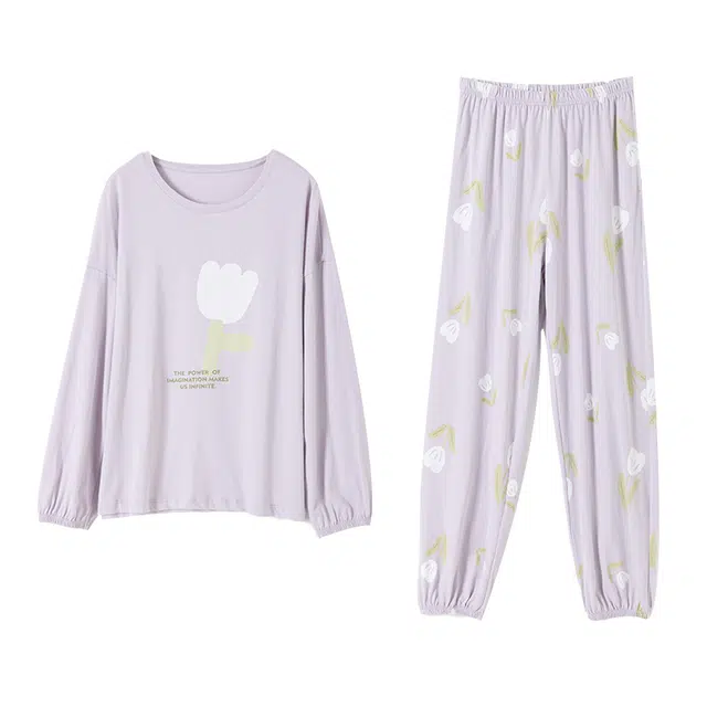 顶瓜瓜 秋冬季简约印花棉感舒适透气柔软圆领长袖家居套装 女款