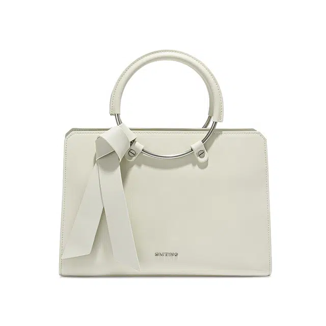 西木汀 祈祷者 纯色简约圆环气质妈妈包时尚通勤百搭 牛剖层革 手提斜挎单肩包 中号 女款 奶白色