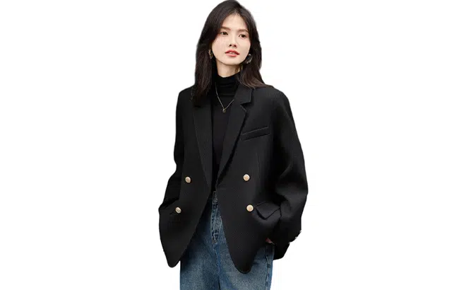 苏醒的乐园 纯色百搭西装领双排扣长袖大衣 女款 黑色