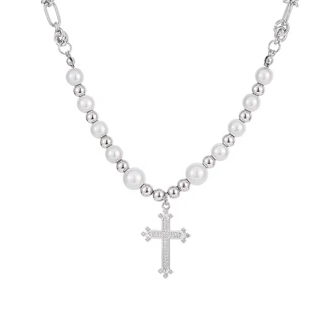 奥斯坦汀 十字架潮流 街头简约珍珠锁骨链 钛钢 项链 男款