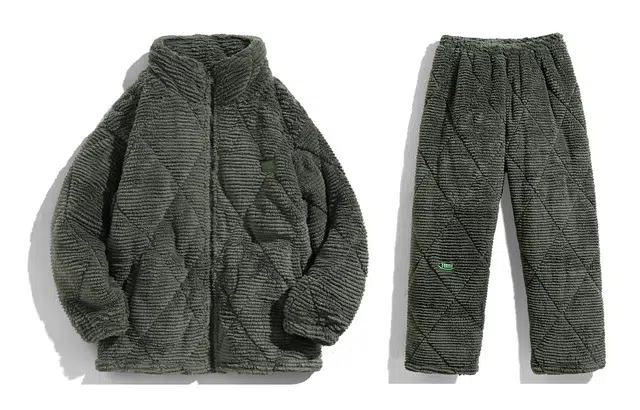 同语 寒冬保暖服 × 三层夹棉 情侣睡衣三层夹棉珊瑚绒加厚冬季家居服法兰绒加绒可外穿套装 家居套装 情侣款 松绿