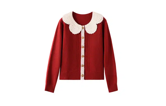 花栗鼠小姐 拼色蕾丝花边娃娃领单排扣针织衫 女款