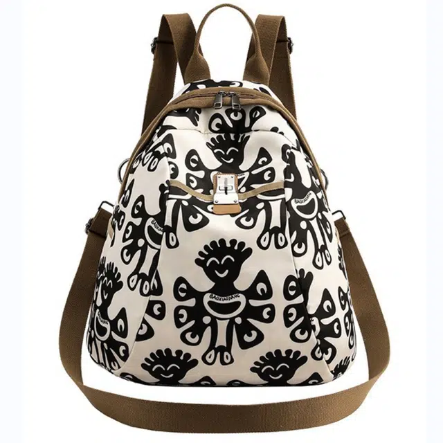 帕克熊 潮牌印花大容量新款时尚 尼龙 双肩包背包 常规 男女同款情侣款 卡其色