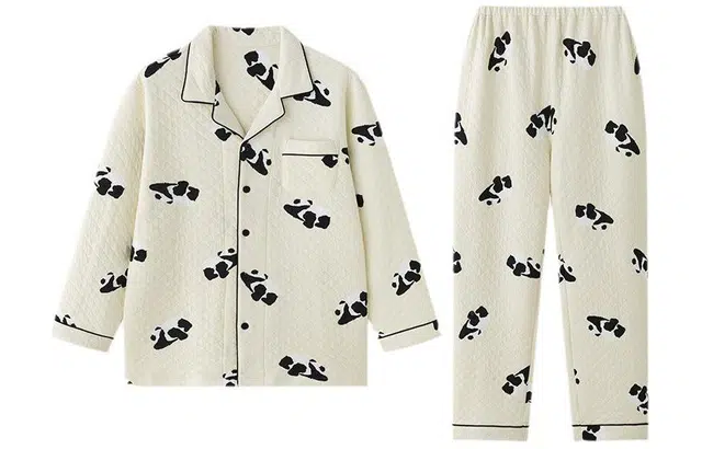 怡吾色  秋冬季空气棉卡通熊猫印花家居服 纯棉夹层长袖加厚睡衣 家居套装 情侣款 熊猫白
