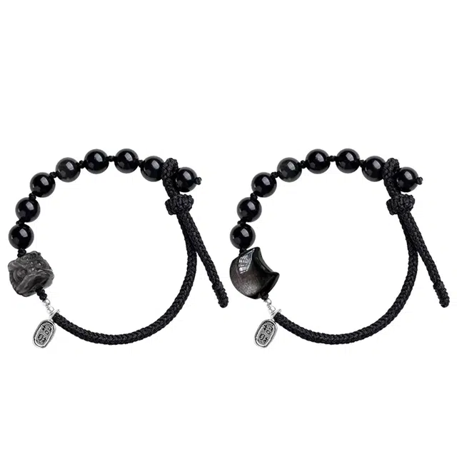 华髻 国潮猫咪醒狮编织绳轻奢小众编织绳可调节新中式复古民族风古典可爱冷淡风 银曜石 手链 男女同款情侣款