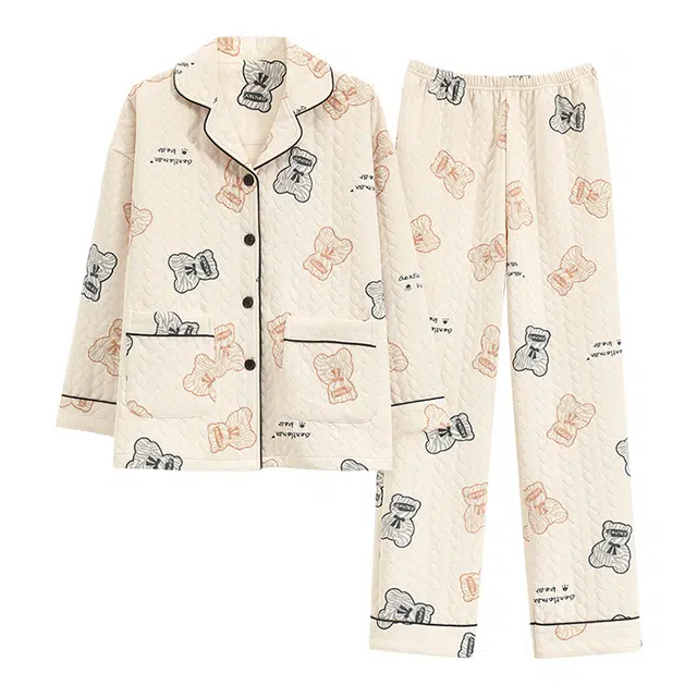 橡柠派 冬季夹层开衫睡衣可爱双色蝴蝶结小熊加厚空气夹棉少女保暖高级长袖长裤家居服套装  女款 米白色