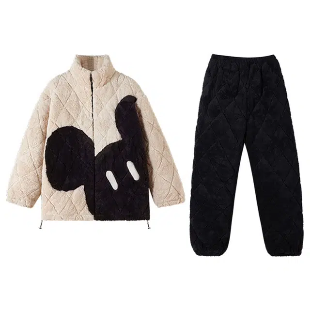 可人儿 珊瑚绒三层夹棉睡衣睡裤 加绒加厚保暖 卡通简约可外穿家居套装 秋冬季男款米色