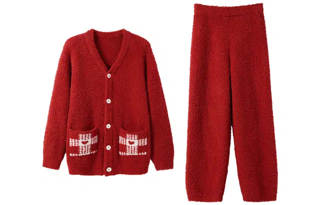 安之伴 秋冬睡衣锁温半边绒可外穿棋盘格爱心本命年家居套装 男款 大红